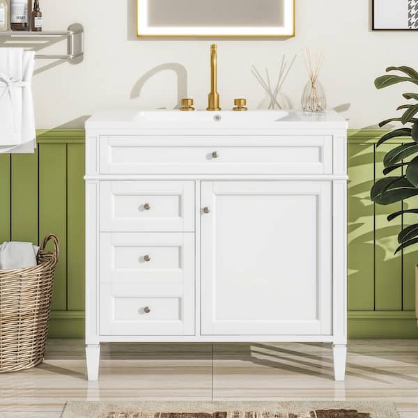 Zeus & Ruta 36 in. W x 18 in. D x 33 in. H Freestanding Bath Vanity in White with White Resin Top, 2 Drawers and a Tip-out Drawer