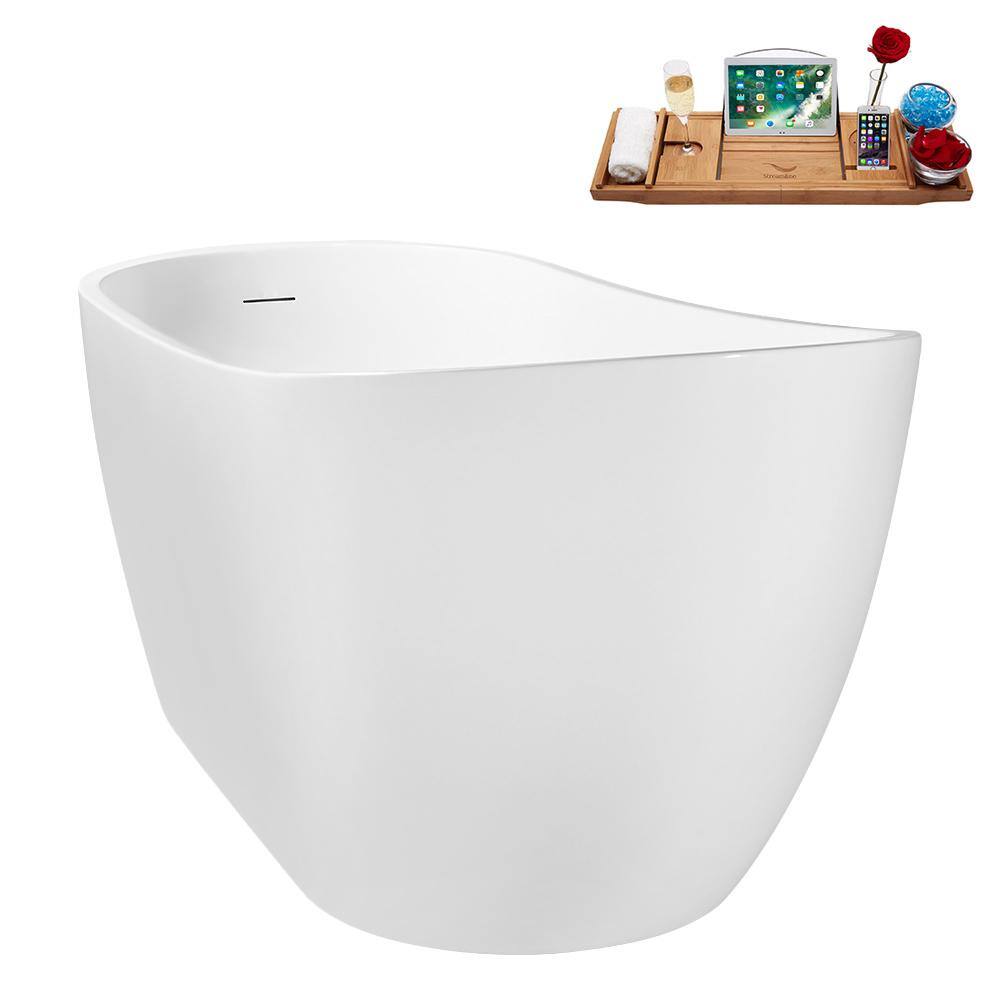 67" Glossy White Acrylic Freestanding Soaking Tub with Polished Brass Drain and Bamboo Tray