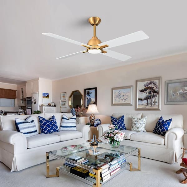 48 in. Indoor Integrated LED Gold Ceiling Fan with Light, 6 Speed Remote Control and 4 Matte White Blades