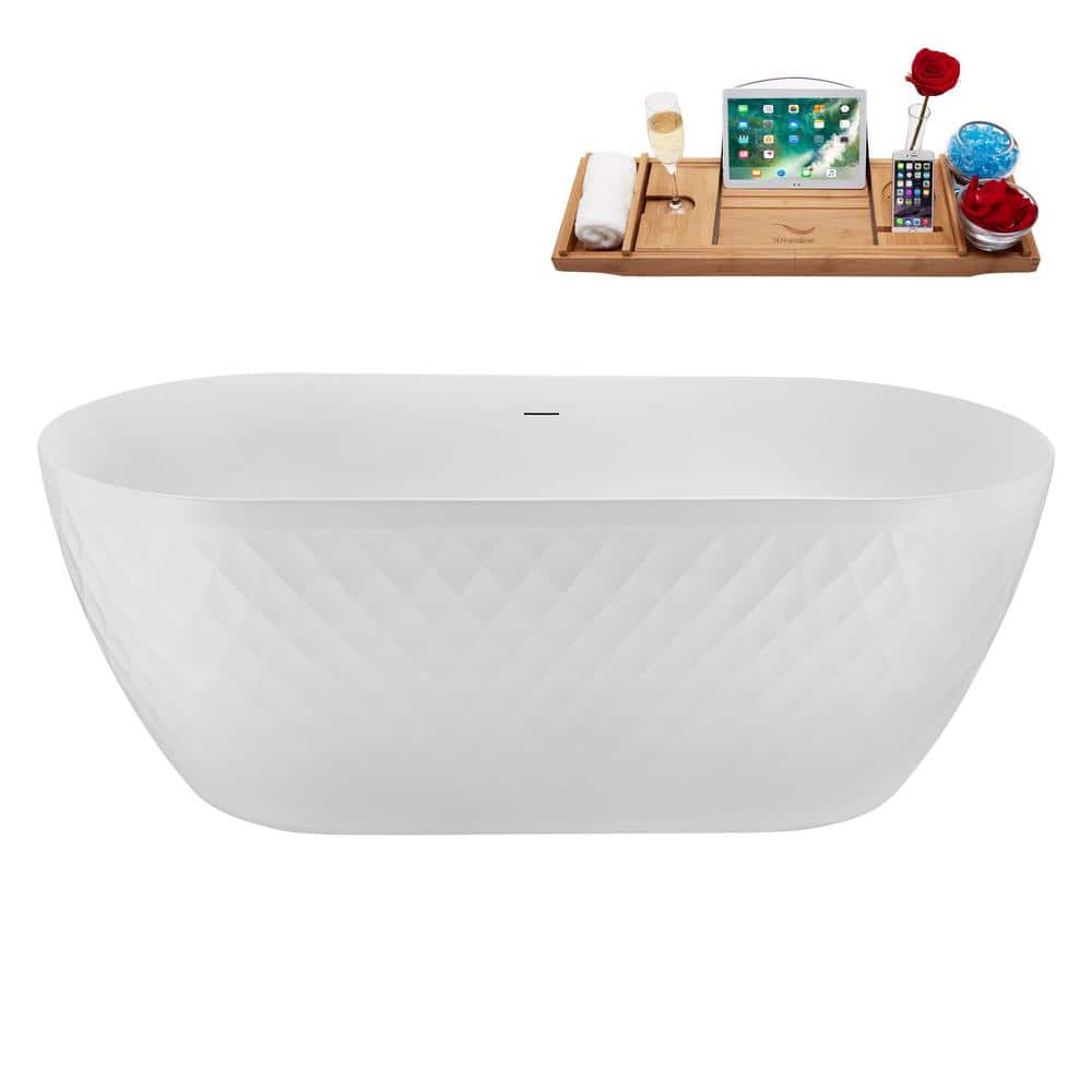 59" Glossy White Acrylic Freestanding Soaking Tub with Tray