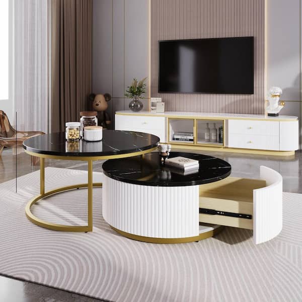 Harper & Bright Designs 2-Piece 27.6 in. and 23.5 in. Black Round MDF Top Nesting Coffee Table Fluted with Drawer
