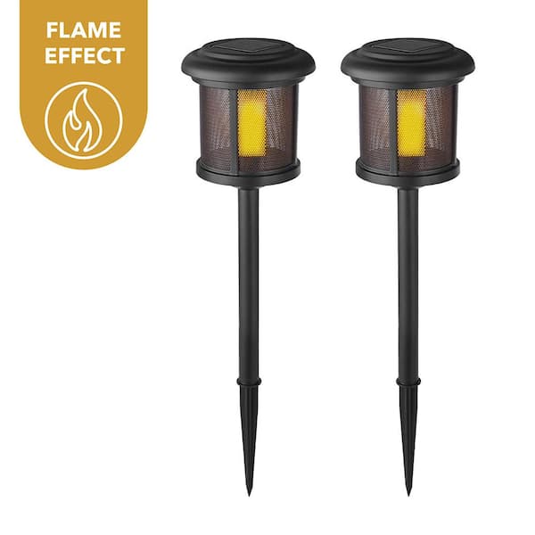 Hampton Bay Ambrose Solar 6 Lumens Black Outdoor Integrated LED Flicker Flame Path Light (2-Pack); Weather/Water/Rust Resistant