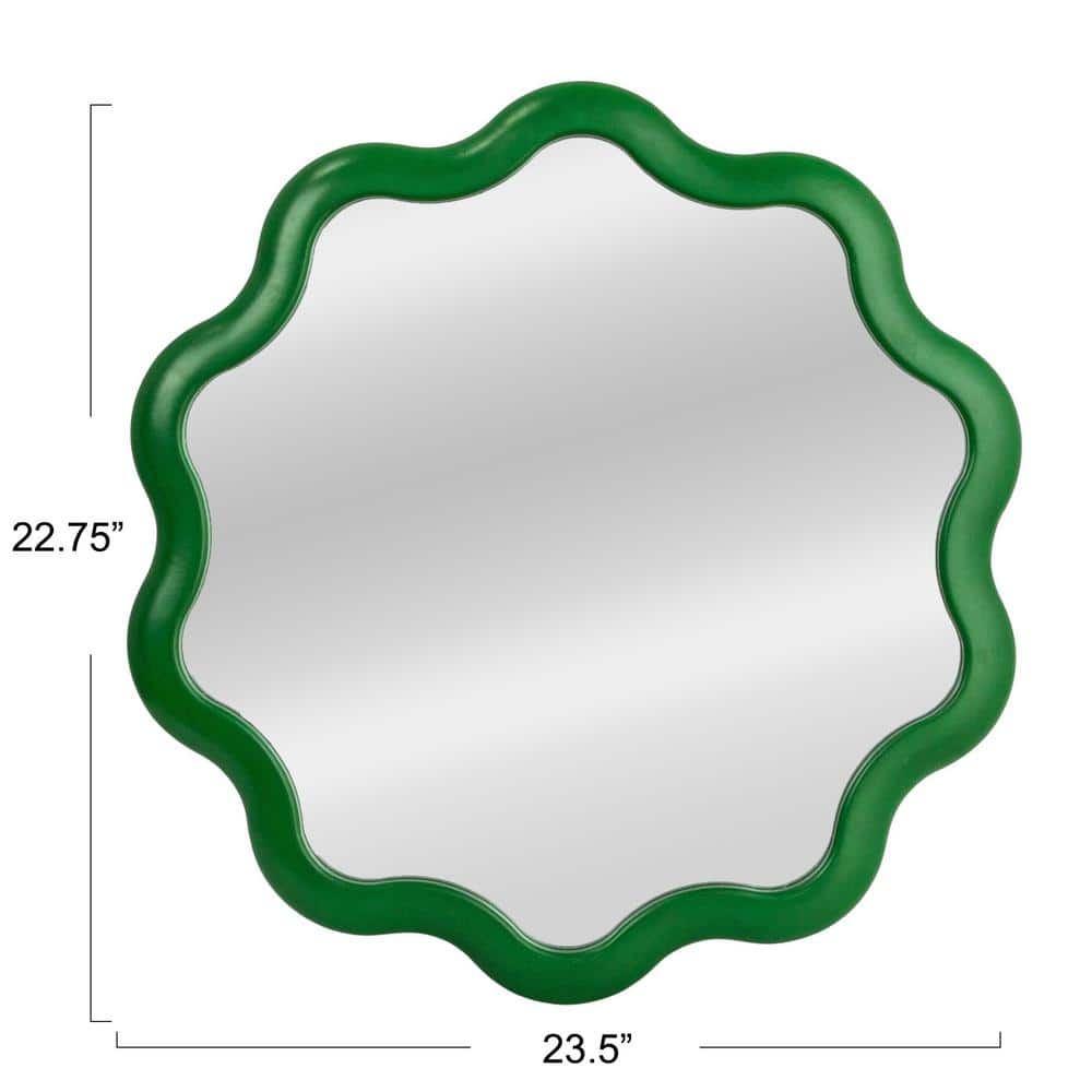 Round Green Scalloped Wood Wall Mirror