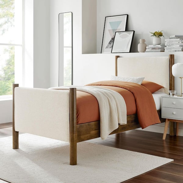 Maven Beige Wood Frame Twin Platform Bed with Upholstered Fabric Headboard and Footboard
