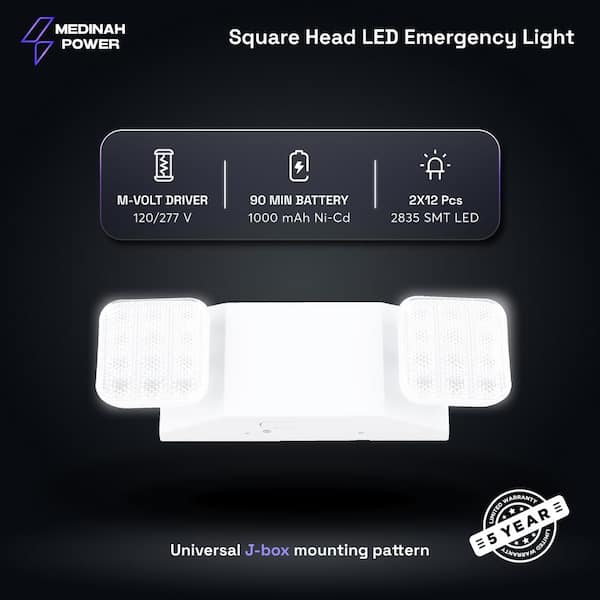 LED Emergency Lights with Battery Backup, Two Head Adjustable LED Emergency Square Lighting, Commercial Emergency Light, 120-277V AC, UL Listed
