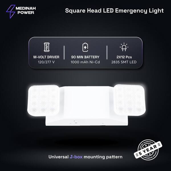 LED Emergency Lights with Battery Backup, Two Head Adjustable LED Emergency Square Lighting, Commercial Emergency Light, 120-277V AC, UL Listed