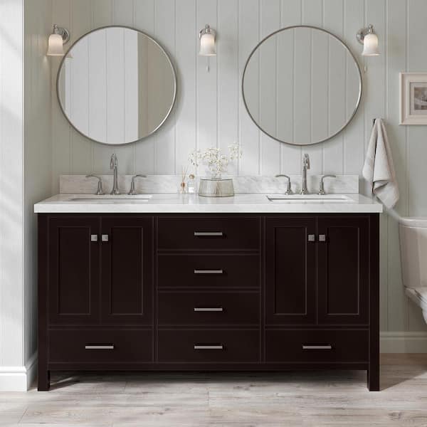 ARIEL Cambridge 67 in. W x 22 in. D x 36 in. H Double Bath Vanity in Espresso with Carrara White Marble Top with White Basins