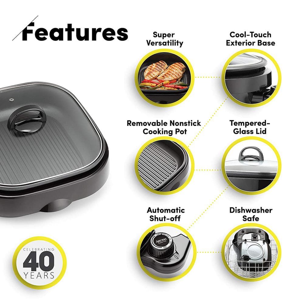 Aroma Black 4Qt 3-in-1 Electric Indoor Grill with Glass Lid