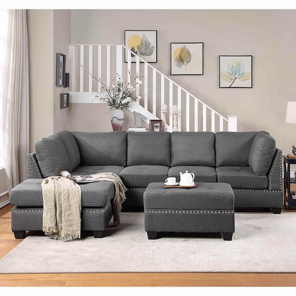 104.5 in. Square Arm Linen L-Shaped Sofa with Storage Ottoman Rivet Ornament L-shape Couch in. Gray