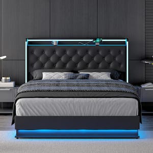 Einav Black Modern Metal Frame King Platform Bed with Charging Ports