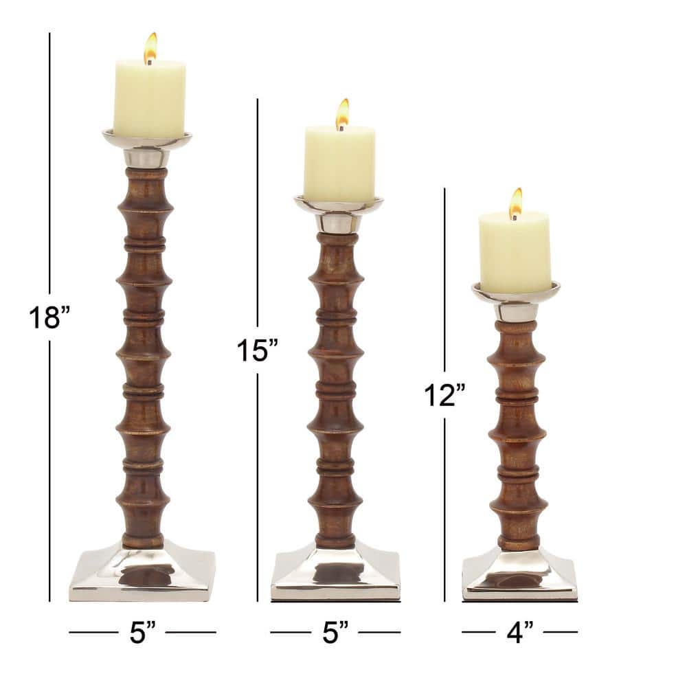 Elegant Traditional Wood Candlestick Trio in Brown - 12" Height