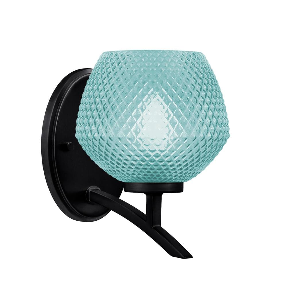 Siena 5.75 in. 1-Light Matte Black Sconce with 6 in. Turquoise Textured Gla