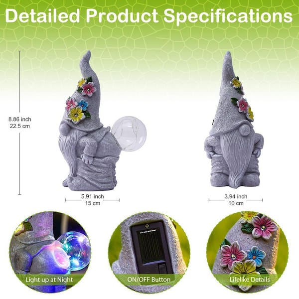 Goodeco 9 in. Gray Resin Solar Gnome Statue for Garden Decor