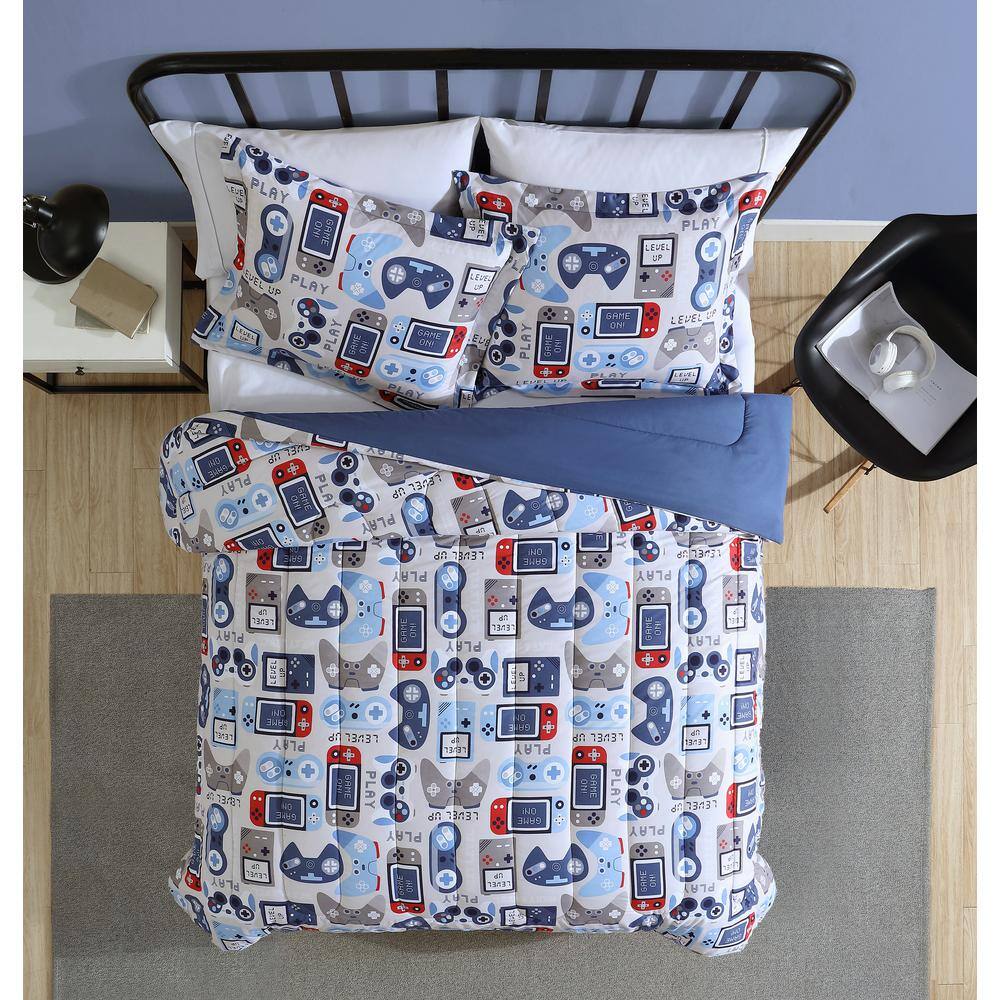 Twin Blue Microfiber Reversible Kids Gamer Comforter Set