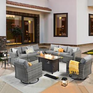 Daffodil L Gray 11-Piece Wicker Patio Fire Pit Conversation Sofa Set with Swivel Rocking Chairs and Dark Gray Cushions