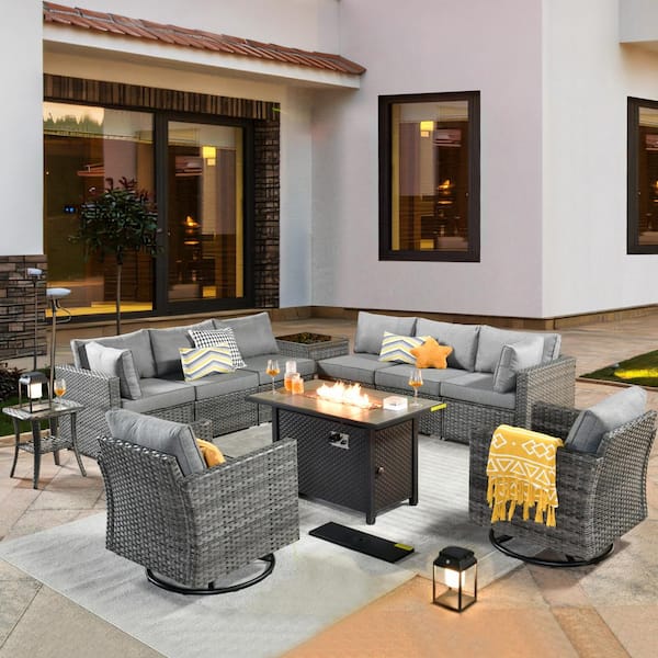 weaxty W Daffodil L Gray 11-Piece Wicker Patio Fire Pit Conversation Sofa Set with Swivel Rocking Chairs and Dark Gray Cushions