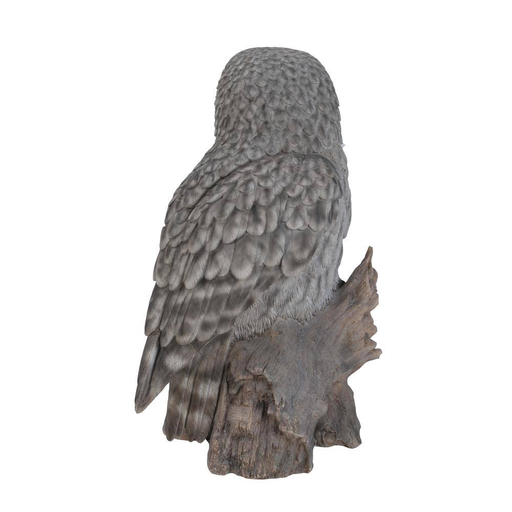 Grey Polyresin Owl on Tree Stump Statue