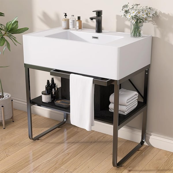 Vita 31.5 in. Solid Surface White Console Sink Basin and Matte Black Legs Combo with Overflow