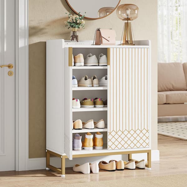 41 in. H x 29.52 in. W White Wood Shoe Storage Cabinet 5-Tier Shoe Rack Organizer Cabinet, Freestanding Storage Cabinet