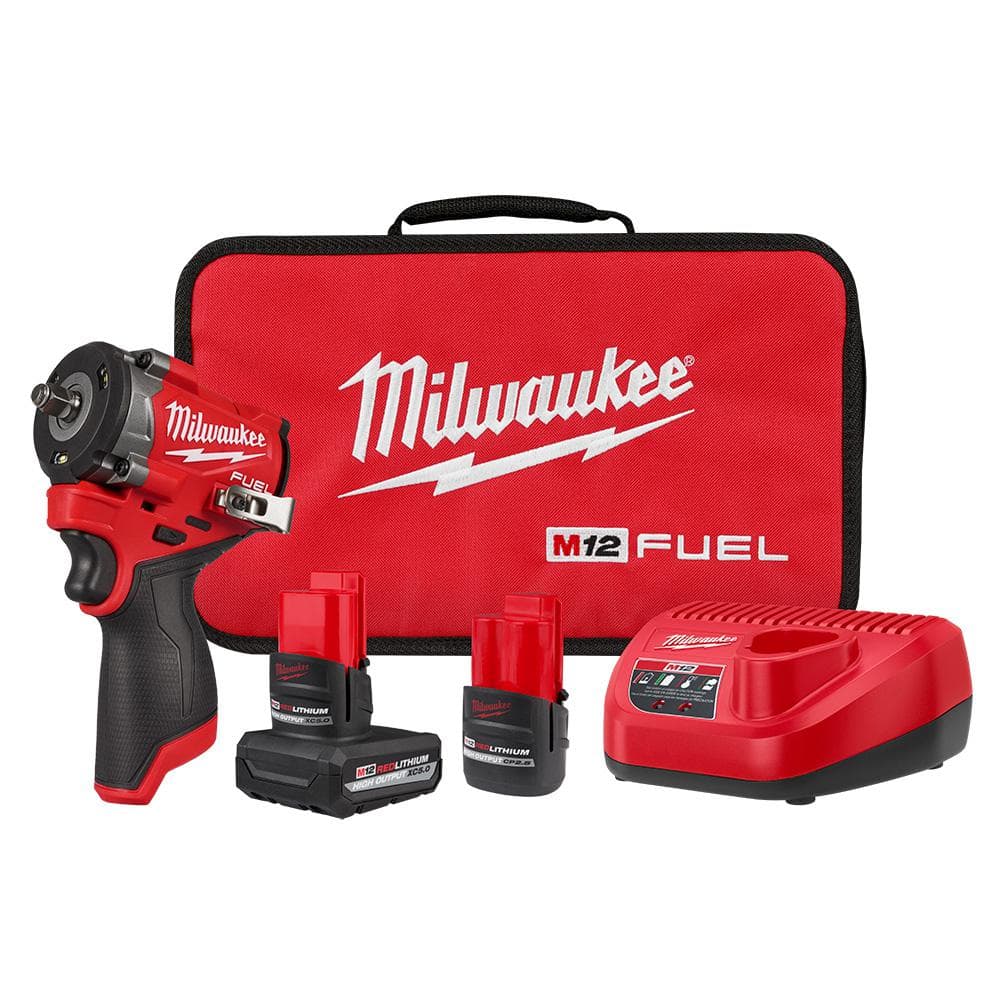 Milwaukee M12 FUEL 12V Li-Ion Brushless Cordless Stubby 3/8 in. Impact Wrench Kit w/(1) 5.0Ah & (1) 2.5 Ah High Output Batteries 2562-22 - The Home Depot