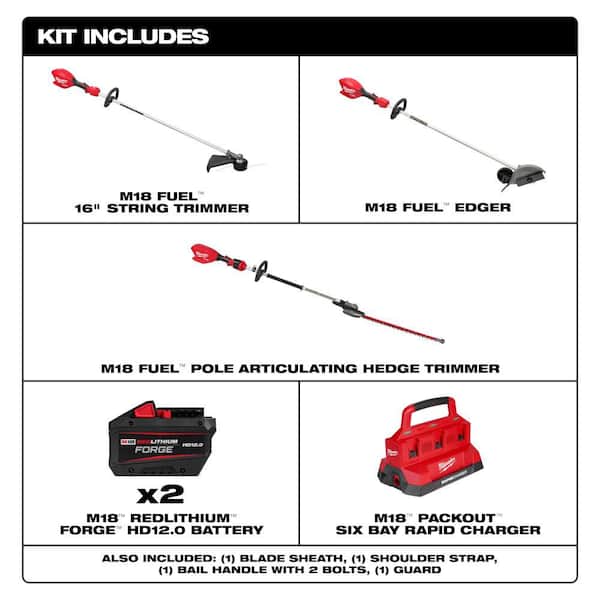 M18 FUEL 18V 8 in. Brushless Cordless Powered Edger w/ String Trimmer, Pole Hedge Trimmer, (2) 12.0 Ah Battery, Charger