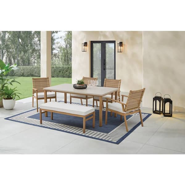 West Haven 6-Piece Brown Wicker Outdoor Dining Set with CushionGuard Cushions in Almond