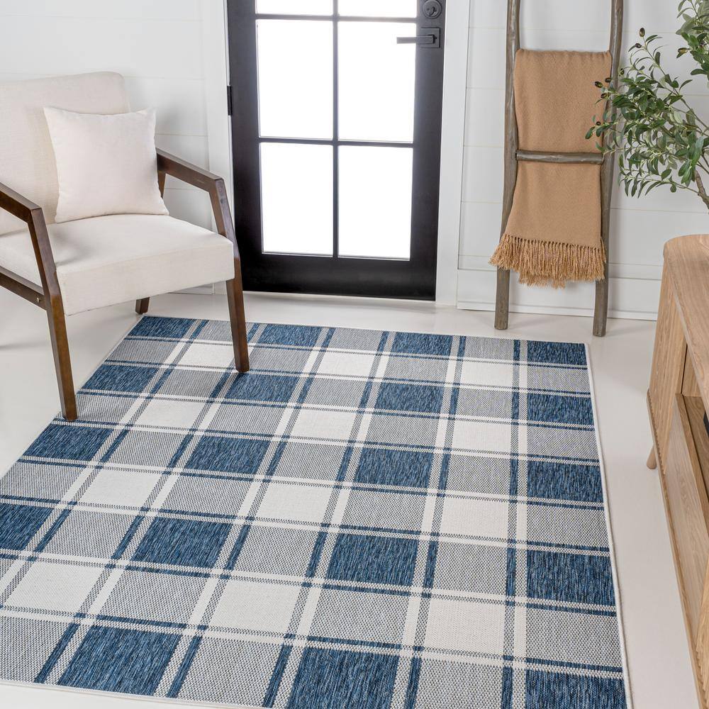 Sabine Navy and Cream Gingham Synthetic 3 x 5 Area Rug