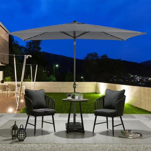 10 ft. Aluminum Pole Market Solar Patio Umbrella Outdoor Umbrella in Gray with 26 LED Lights and Crank Lift System