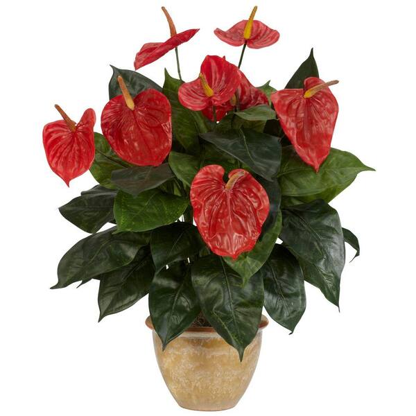Nearly Natural 22.5 in. Artificial H Red Anthurium with Ceramic Vase Silk Plant