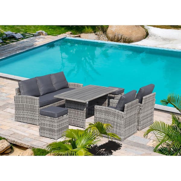 Afoxsos 6-Piece PE Plastic Rattan Wicker Outdoor Patio Garden and Dining Sofa Sectional Set with Grey Cushion
