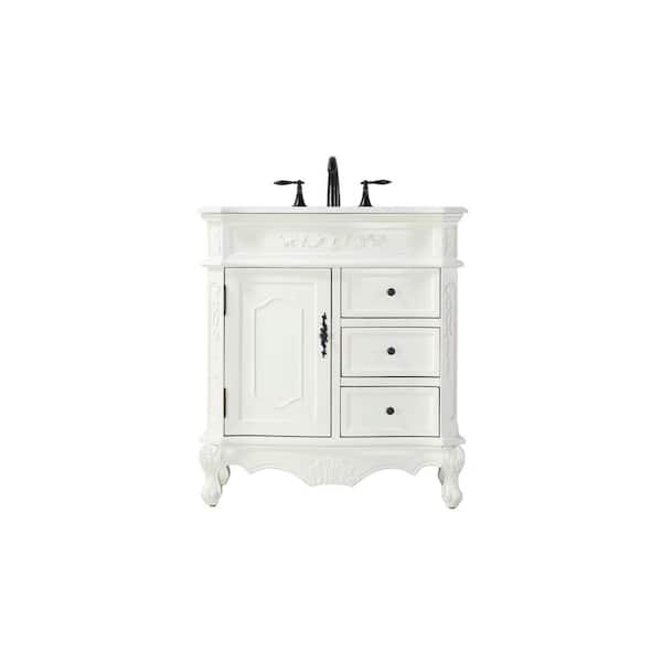 32 in. Single Sink Freestanding Antique White Bath Vanity with Ivory White Engineered Marble Top