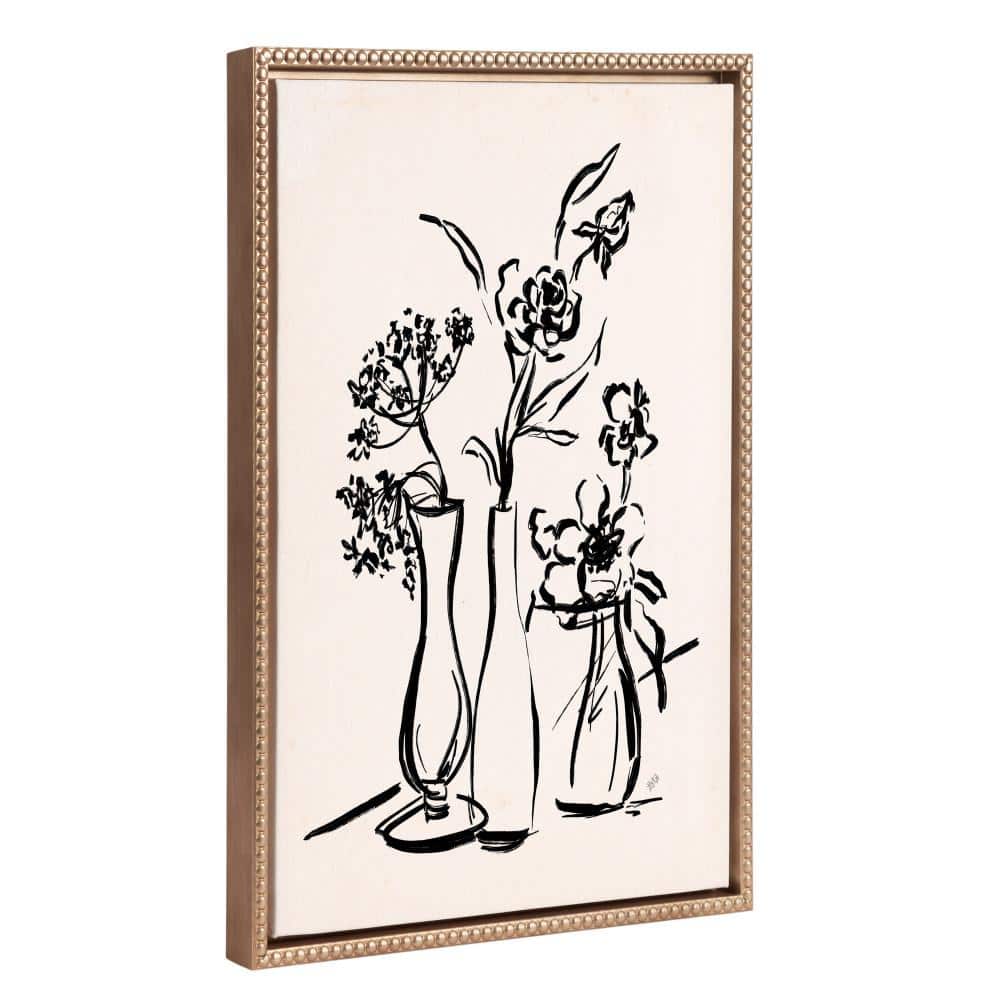 18x24 Gold Beaded Frame Black Floral Sketch Canvas Art
