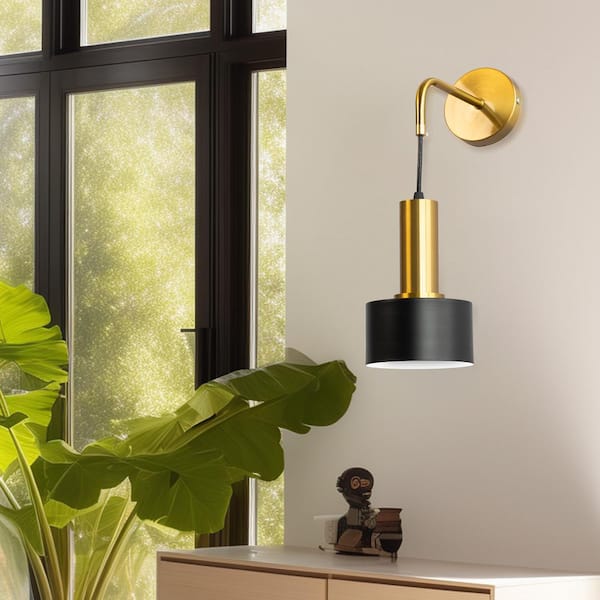 8 in. 1-Light Black and Gold Metal Wall Sconce Modern Lighting Fixture with Metal Standard Shade for Bedroom Living Room