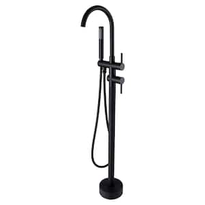 2-Handle Freestanding Floor Mount Tub Faucet Bathtub Filler with Hand Shower in Matte Black