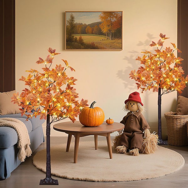 2-Piece 4 ft. Artificial Maple Leaf Tree in Base 144L, Orange
