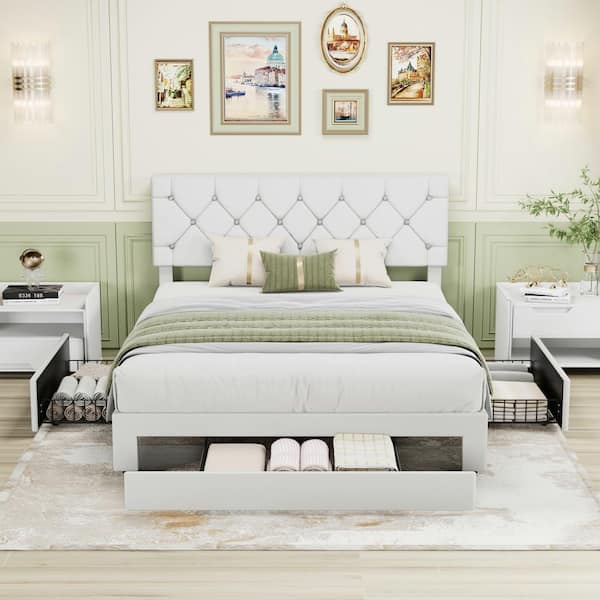 Upholstered Bed with Storage 3-Drawers, White Metal Frame Full Platform Bed with Faux Leather Tufted Headboard