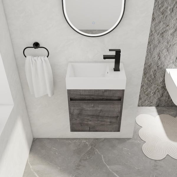 18.11 in. W x 10.23 in. D x 22.83 in. H Plywood Wall-Mounted Bath Vanity in Plaid Grey Oak with White Resin Top