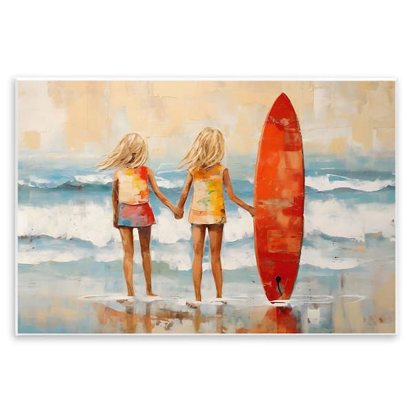 Kids and Beach Surfboard by Petal Prints Design 1-Piece Unframed People Graphic Art Print 10 in. x 15 in.