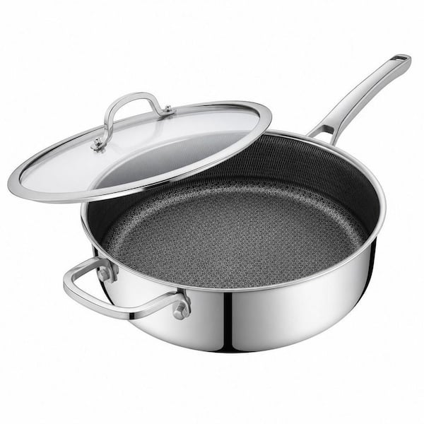 5 qt. Stainless Steel Nonstick Frying Pan with Lid, 12 in. Deep Saute Pan with Single Handle, Works on All Cooktops
