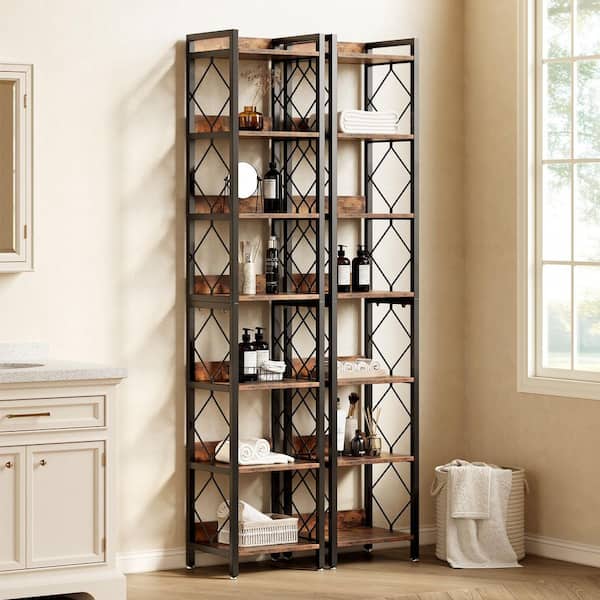 79 in. Tall Narrow Rustic Brown Wood 7-Shelf Etagere Bookcase Bookshelf with Sturdy Metal Frame for Living Room, Bedroom