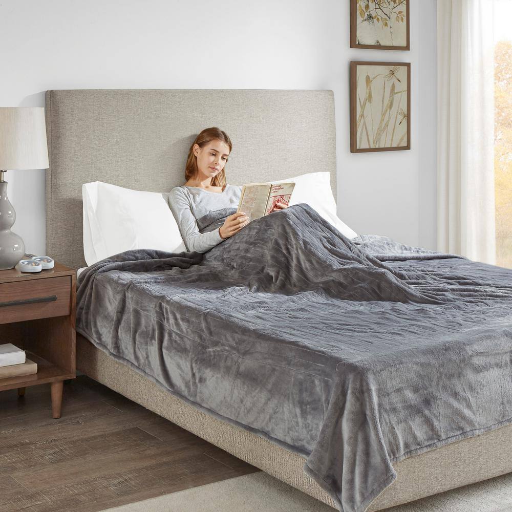 Twin Gray Plush Electric Heated Blanket with Controllers