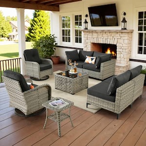 Holston 8-Piece Wicker Modern Outdoor Patio Conversation Sofa Sectional Set with Swivel Chairs and Black Cushions