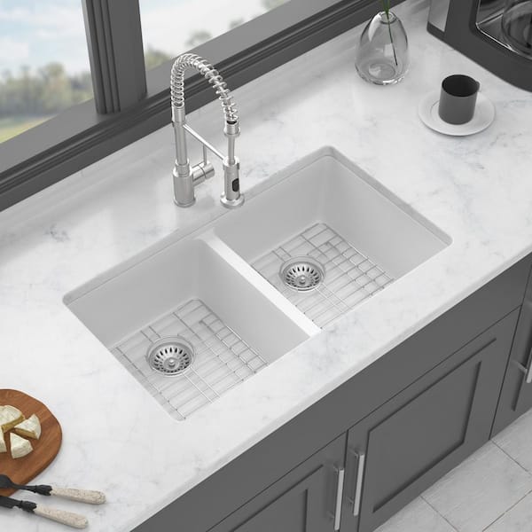 33 in. Undermount Double Bowl White Quartz Kitchen Sink with Bottom Grids, Drain Board