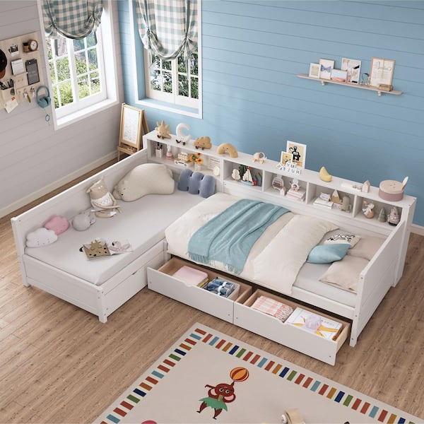 White Twin Size Wood Daybed with Storage Shelves, L-Shaped Corner Bed with 3-Drawers