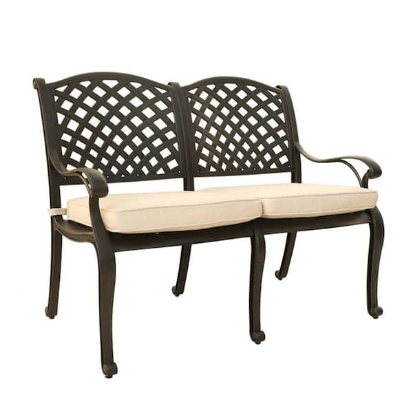 Mondawe 46 in. W 2-Person Dark Black Aluminum Frame Outdoor Bench with CushionGuard Beige Cushion for Garden, Yard, Balcony