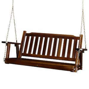 4 ft. 2-Person Rustic Wood Patio Porch Swing with Adjustable Chains, Support 880 lbs., Durable PU Coating