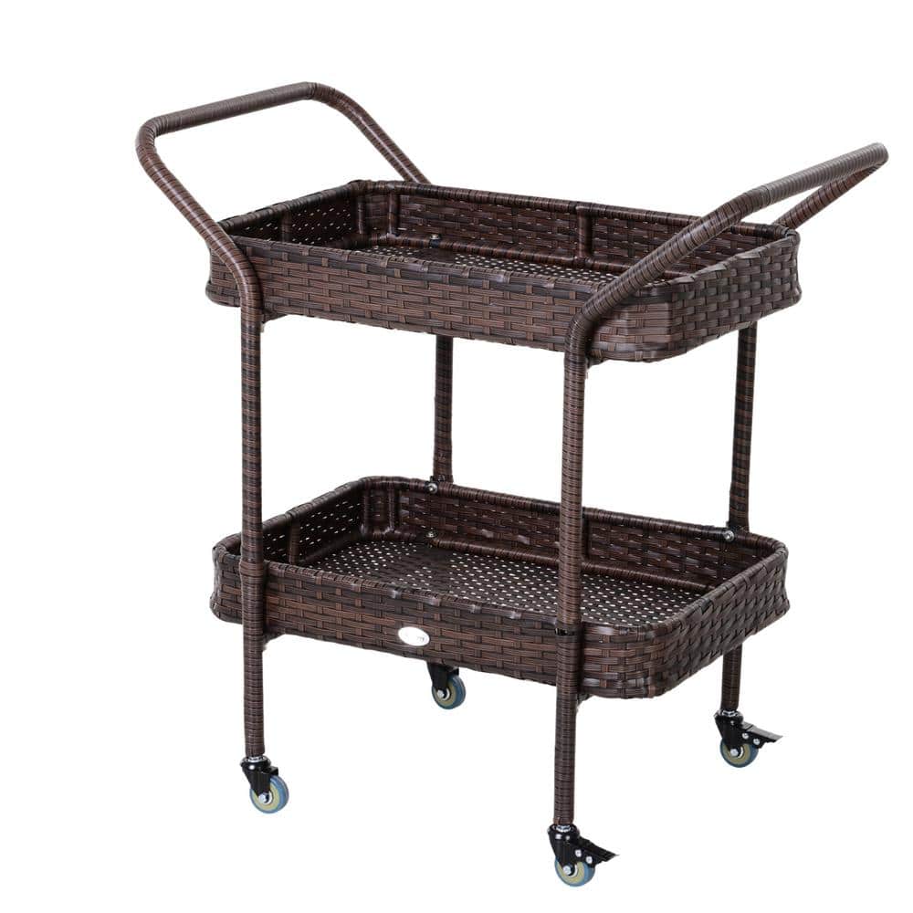 Outsunny Rattan Wicker Serving Bar Cart with 2-Tier Open Shelf Outdoor Whee