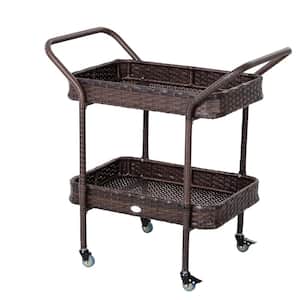 Outsunny Rattan Wicker Serving Bar Cart with 2-Tier Open Shelf Outdoor Wheeled with Brakes for Poolside, Brown