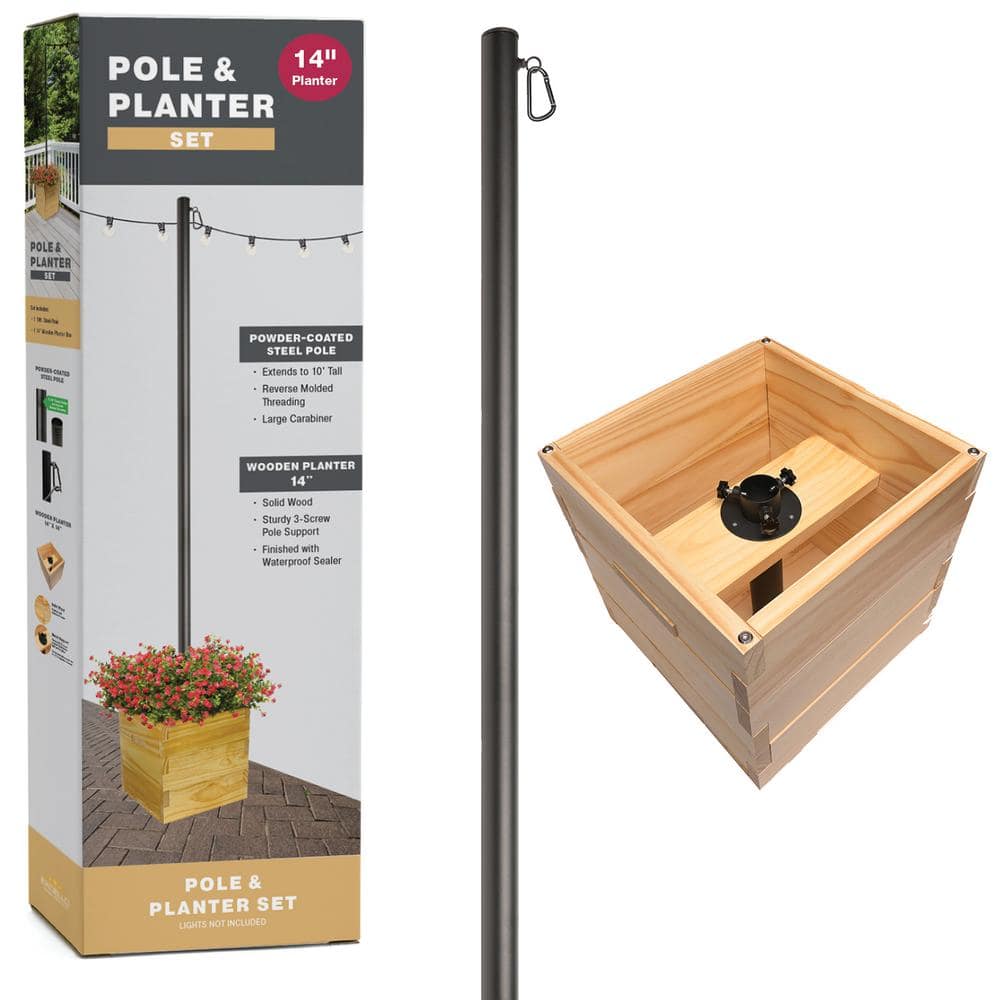 10 ft. Premium String Light Pole and Large 14 in. Natural Wooden Planter Box Set