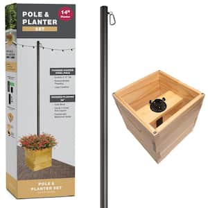 10 ft. Premium String Light Pole and Large 14 in. Natural Wooden Planter Box Set